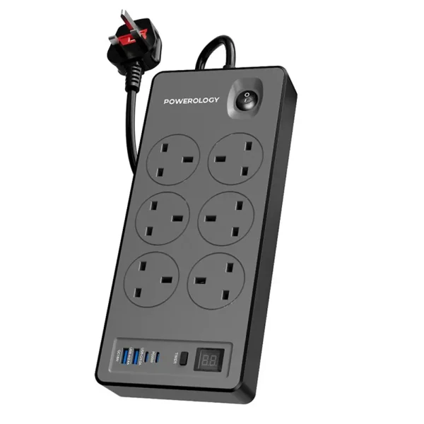 چندراهی برق پاورولوژی مدل PWCUQC046BK ظرفیت ۲۹۹۰ وات با ۶ پریز و ۲ USB
